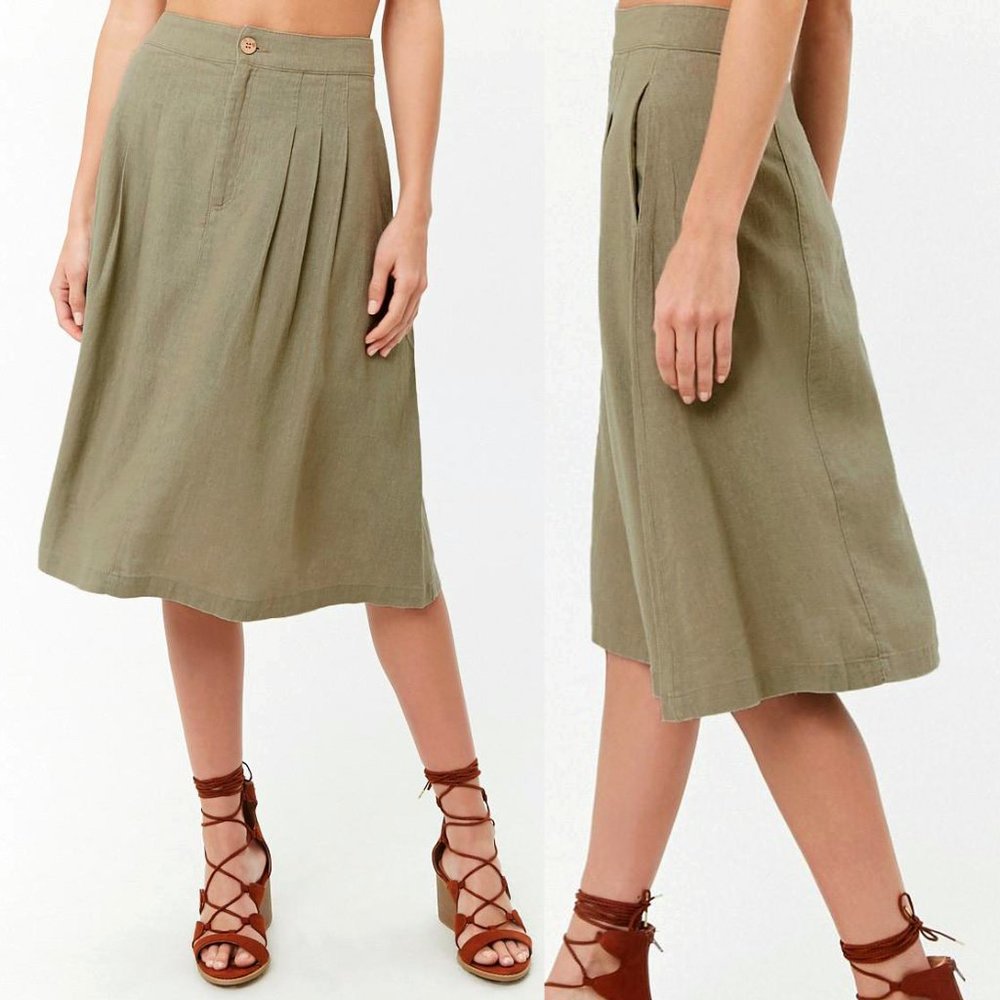 Light Olive Sage Linen Pleated A Line Midi Skirt - Picture 3 of 8